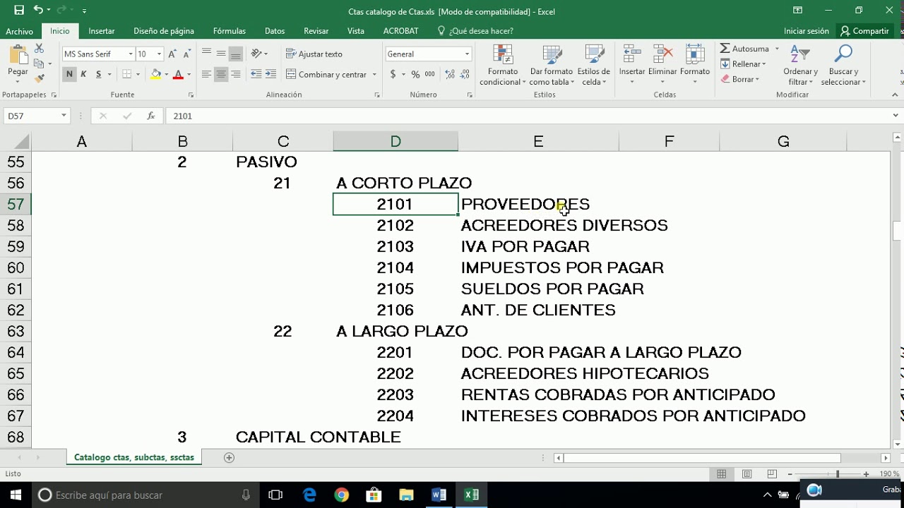 ejemplo de un catálogo de cuentas de una empresa